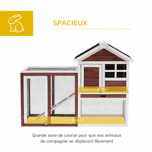 PAWHUT - Clapier cage à lapins multi-équipé : niche supérieure avec rampe, plateau excrément, fenêtre + enclos  extérieur sécurisé 2 portes 122L x 63l x 92H cm rouge brique - large
