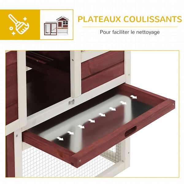 PAWHUT - Clapier cage à lapins multi-équipé : niche supérieure avec rampe, plateau excrément, fenêtre + enclos  extérieur sécurisé 2 portes 122L x 63l x 92H cm rouge brique - large