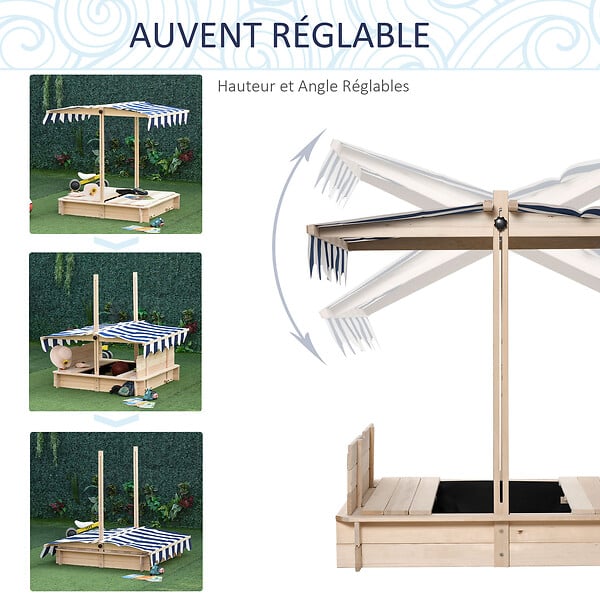 OUTSUNNY - Bac à sable carré en bois pour enfant dim. 106L x 106l cm avec bancs et couvercle - auvent réglable - large