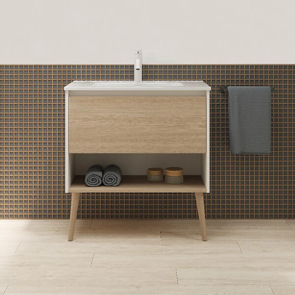 Amizuva - Meuble salle de bain simple vasque NARA largeur 60 - 80 cm chêne clair et blanc  Miroir non inclus - large