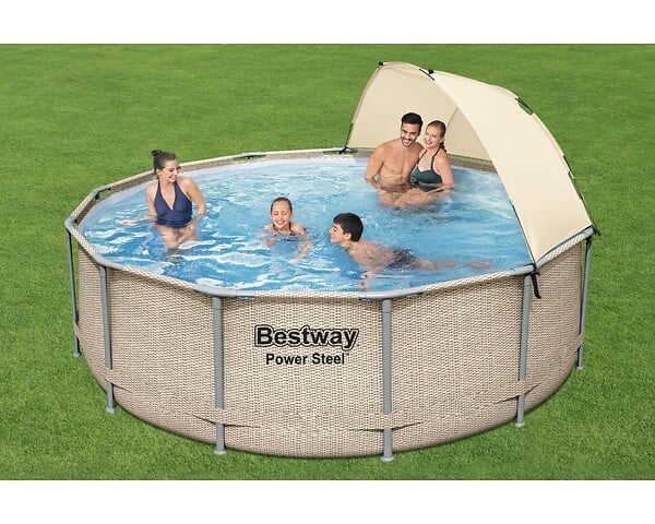 BESTWAY - Piscine tubulaire Power Steel acier - Décor rotin - Diam.396xH.107cm - large