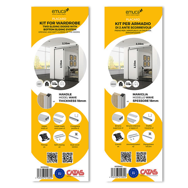 EMUCA - Kit de ferrures pour Placard 81 2 coulissants et fermeture souple, profilé Wave, épaisseur 18mm, panneaux non inclus, Anodisé mat - large