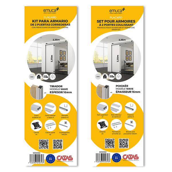 EMUCA - Kit de ferrures pour Placard 81 2 coulissants et fermeture souple, profilé Wave, épaisseur 16mm, panneaux non inclus, Anodisé mat - large