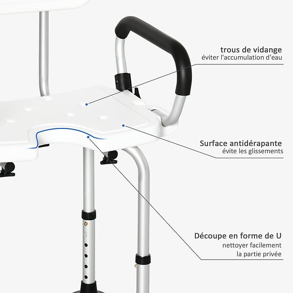 HOMCOM - Chaise de douche siège de douche ergonomique hauteur réglable pieds antidérapants accoudoirs alu HDPE blanc noir - large
