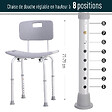 HOMCOM - Chaise de douche siège de douche ergonomique hauteur réglable pieds antidérapants charge max. 136 Kg alu HDPE gris - vignette