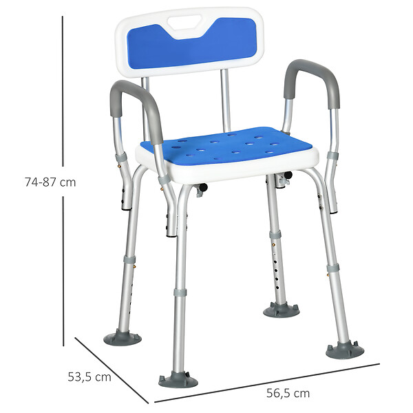 HOMCOM - Chaise de douche siège de douche ergonomique hauteur réglable pieds antidérapants charge max. 136 Kg alu HDPE blanc bleu - large