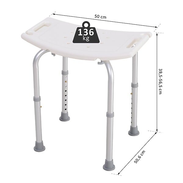 HOMCOM - Siège de douche réglable en hauteur tabouret de douche ergonomique pieds antidérapants charge max. 136 Kg alu HDPE blanc - large