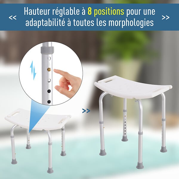 HOMCOM - Siège de douche réglable en hauteur tabouret de douche ergonomique pieds antidérapants charge max. 136 Kg alu HDPE blanc - large