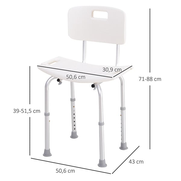 HOMCOM - Chaise de douche siège de douche ergonomique hauteur réglable pieds antidérapants charge max. 136 Kg alu HDPE blanc - large