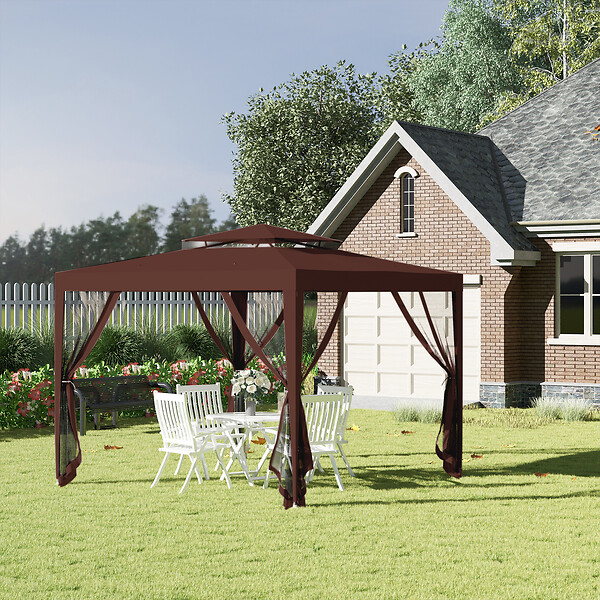 OUTSUNNY - Tonnelle barnum de jardin 3L x 3l m avec 4 moustiquaires amovibles - double toit - métal polyester marron - large
