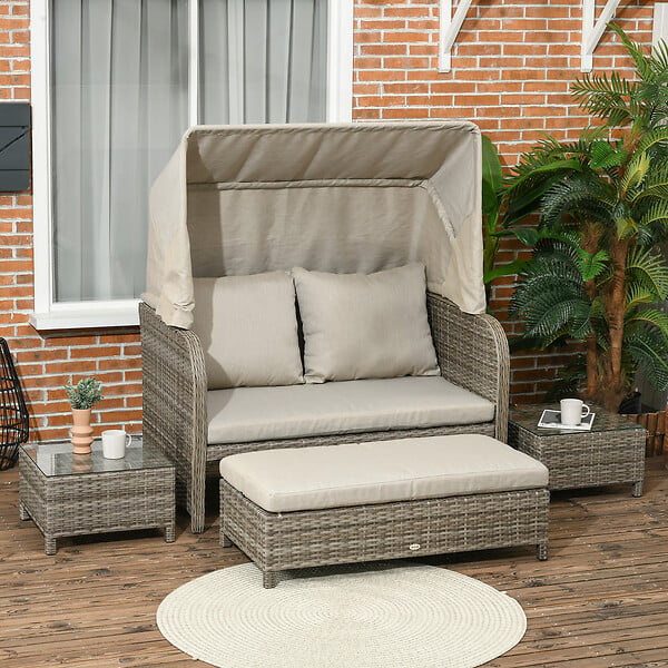 OUTSUNNY - Ensemble salon de jardin 2 places 4 pcs - canapé, repose-pieds, 2 tables basses - coussins inclus - résine grise polyester kaki - large