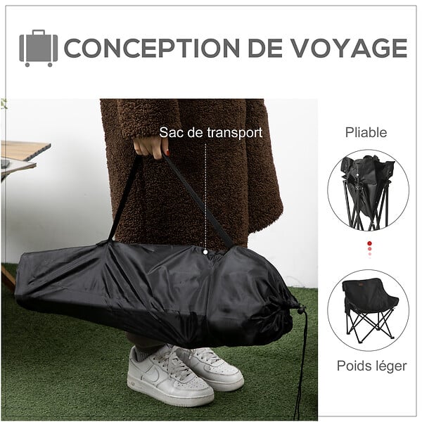 OUTSUNNY - Chaise de camping pliable avec sac de transport et pochette de rangement acier oxford noir - large