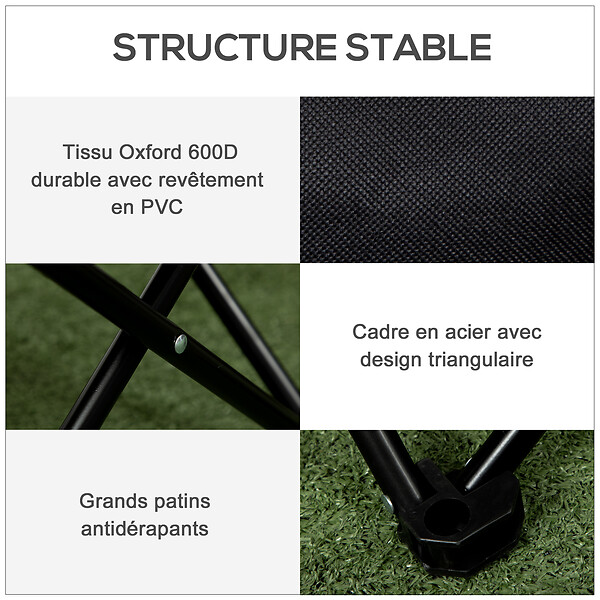 OUTSUNNY - Chaise de camping pliable avec sac de transport et pochette de rangement acier oxford noir - large