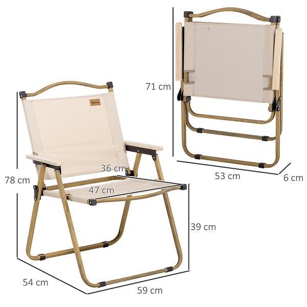 OUTSUNNY - Lot de 2 chaises de plage camping pliantes - poignée - structure acier aspect bois oxford beige - large