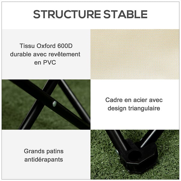 OUTSUNNY - Chaise de camping pliable avec sac de transport et pochette de rangement acier oxford beige - large