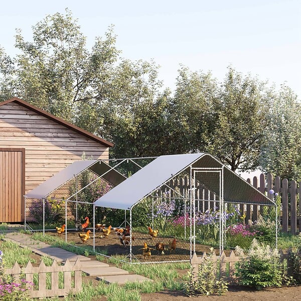 PAWHUT - Enclos poulailler chenil 24 m² - parc grillagé dim. 8L x 3l x 2H m - double espace couvert - acier galvanisé - large