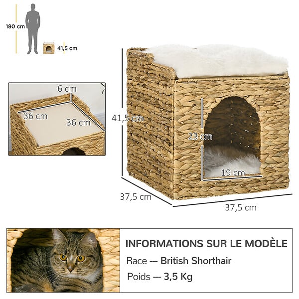 PAWHUT - Panier chat lit chat cosy grand confort dim. Ø 37 x 41H cm coussins doux inclus jacinthe d'eau - large