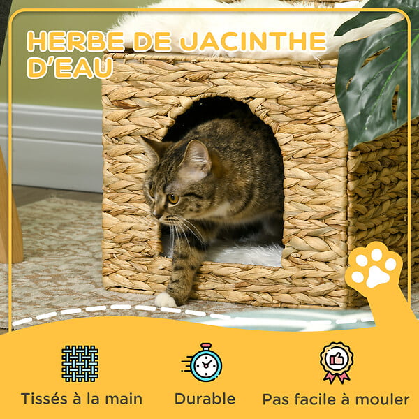 PAWHUT - Panier chat lit chat cosy grand confort dim. Ø 37 x 41H cm coussins doux inclus jacinthe d'eau - large