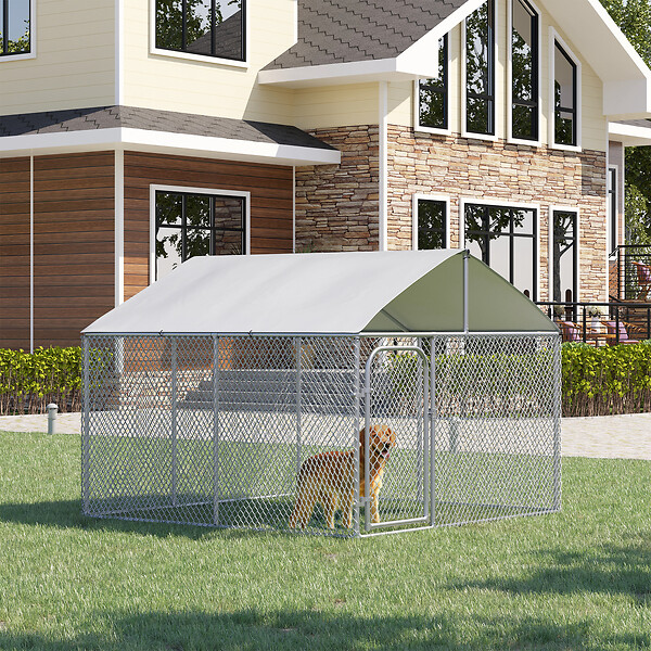 PAWHUT - Chenil extérieur avec toit pour chien 5 m² - parc grillagé 230 x 230 x 175 cm - espace couvert - acier galvanisé - large