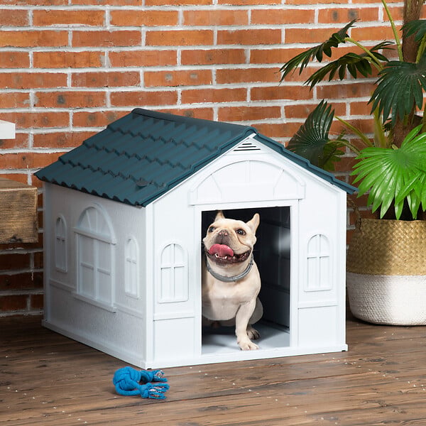 PAWHUT - Niche pour chien design maisonnette - dim. 65L x 75l x 63H cm - PP bleu blanc - large