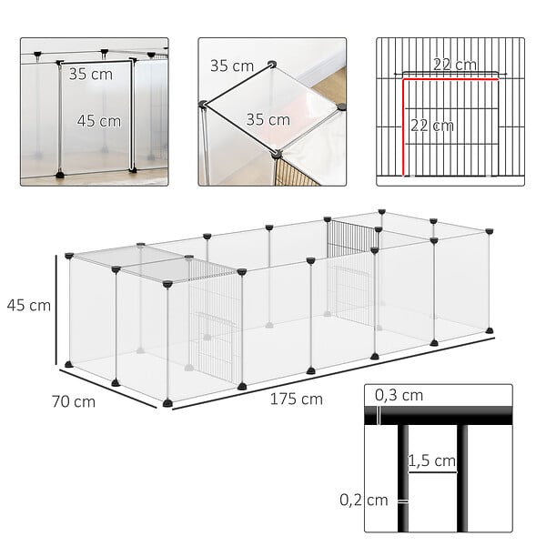 PAWHUT - Enclos parc modulable petits animaux - 20 panneaux - dim. 175L x 70l x 45H cm - acier noir PP blanc - large
