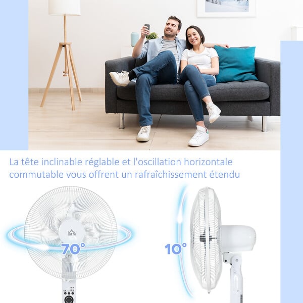 HOMCOM - Ventilateur sur pied Ø 44 cm hauteur réglable oscillant silencieux 45 W avec télécommande minuterie 3 modes 3 vitesses blanc - large