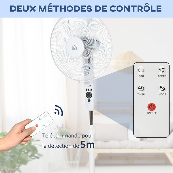 HOMCOM - Ventilateur sur pied Ø 44 cm hauteur réglable oscillant silencieux 45 W avec télécommande minuterie 3 modes 3 vitesses blanc - large
