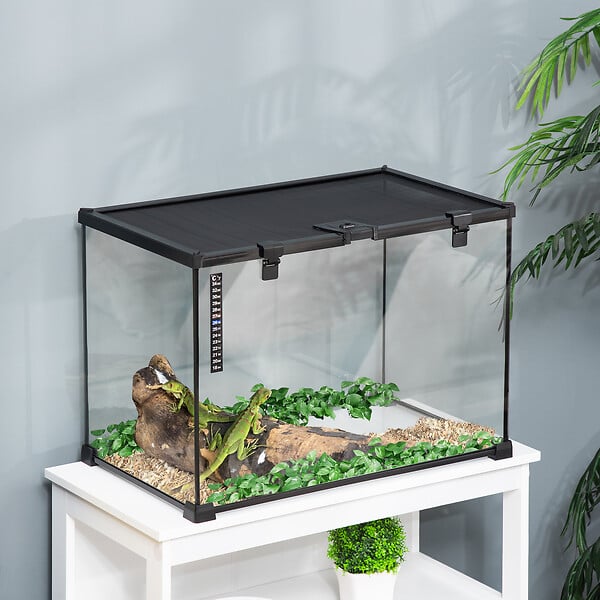 PAWHUT - Terrarium en verre - vivarium reptiles & batraciens - habitat tortue - couvercle grillagé coulissant verrouillable - distributeur eau, thermomètre - métal noir verre - large