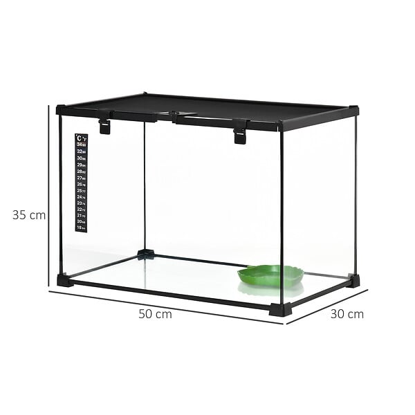 PAWHUT - Terrarium en verre - vivarium reptiles & batraciens - habitat tortue - couvercle grillagé coulissant verrouillable - distributeur eau, thermomètre - métal noir verre - large