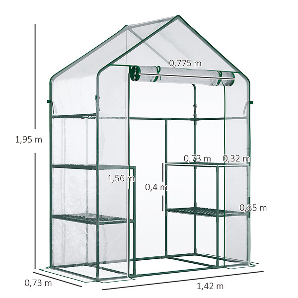 OUTSUNNY - Serre de jardin 6 étagères - dim. 142L x 73l x 195H cm - porte - acier thermolaqué PVC haute densité anti-UV - transparent vert - large
