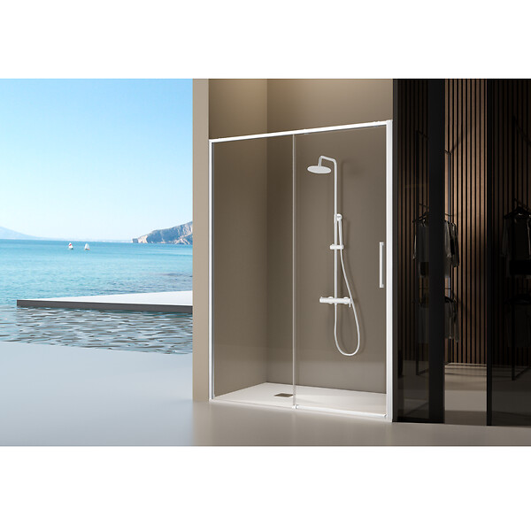 KASSANDRA - Paroi de douche fixe + porte coulissante DELTA blanc mat 164-166.6 cm - large