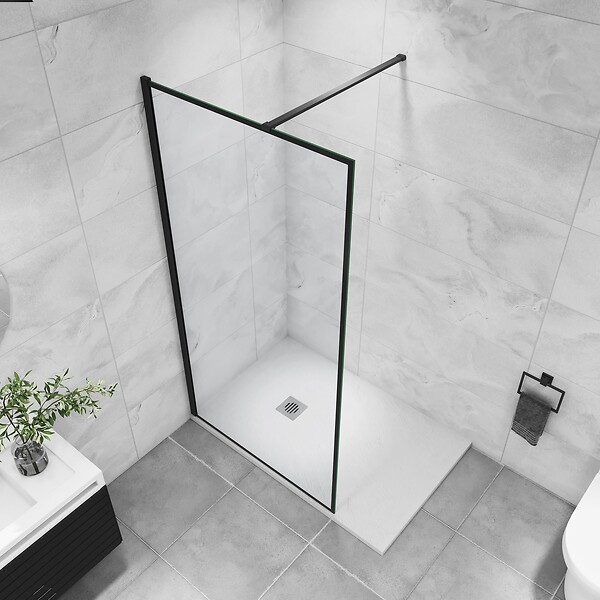 AICA SANITAIRE - AICA paroi de douche noire 90x200cm paroi de douche à l'italienne en 8mm verre anticalcaire avec barre de stabilisation 90cm - large