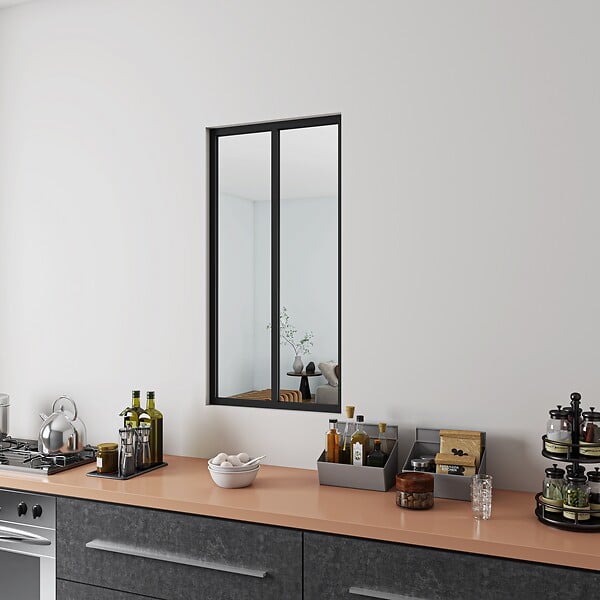 AICA SANITAIRE - AICA Verrière Atelier en aluminium noir mat L.63xH.108cm 2 verres transparents inclus, Verrière fixe kit de verrière et vitrage - large