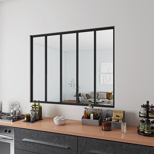 AICA SANITAIRE - AICA Verrière Atelier en aluminium noir mat L.153xH.108cm 5 verres transparents inclus, Verrière fixe kit de verrière et vitrage - large