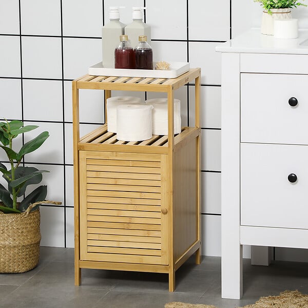 KLEANKIN - Meuble bas salle de bain rangement salle de bain 1 porte 2 étagères bois bambou verni - large