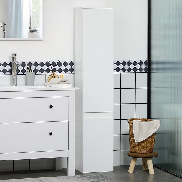 KLEANKIN - Meuble colonne rangement salle de bain 2 placards 3 étagères style contemporain blanc - large