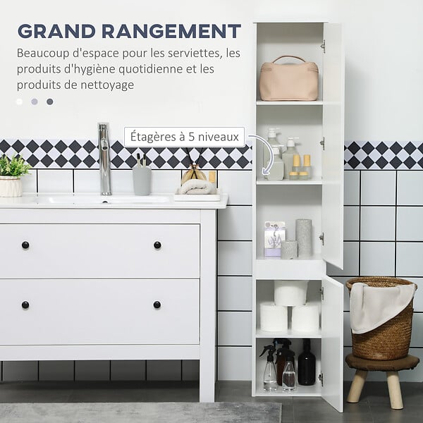 KLEANKIN - Meuble colonne rangement salle de bain 2 placards 3 étagères style contemporain blanc - large