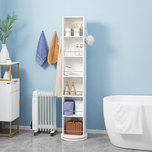 KLEANKIN - Meuble colonne de salle de bain pivotant avec miroir - 6 étagères - 36L x 36l x 171H cm - blanc - large