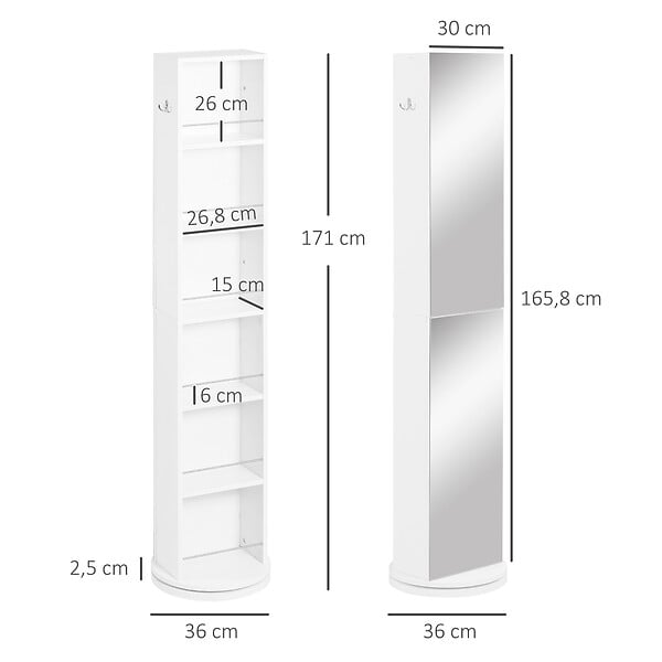 KLEANKIN - Meuble colonne de salle de bain pivotant avec miroir - 6 étagères - 36L x 36l x 171H cm - blanc - large