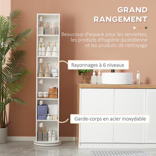 KLEANKIN - Meuble colonne de salle de bain pivotant avec miroir - 6 étagères - 36L x 36l x 171H cm - blanc - large