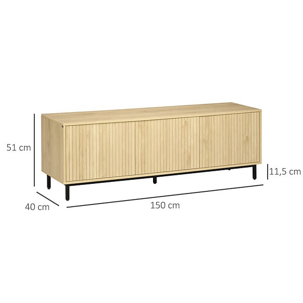 HOMCOM - Meuble TV banc TV design Urban Craft - 3 portes, 3 étagères - piètement acier noir aspect bois clair - large