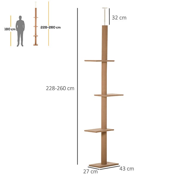 PAWHUT - Arbre à chat poteau à griffer hauteur réglable dim. 43L x 27I x 228-260H cm 4 niveaux d'activités marron - large