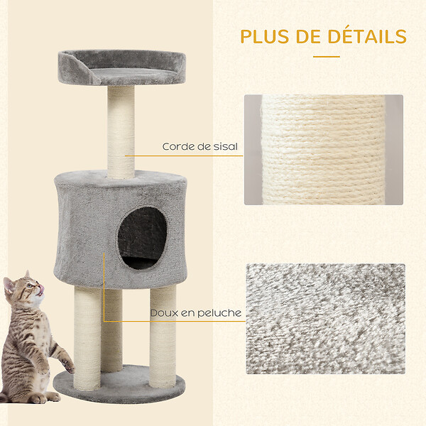 PAWHUT - Arbre à chat griffoirs sisal naturel arbre à grimper H.103 cm niche plateforme d'observation peluche grise - large