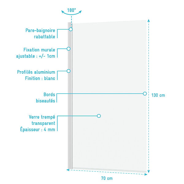 AURLANE - Pare baignoire Rabattable 70x130cm - Profilé Blanc Mat - Verre Trempé 4mm - ELEMENTARY - large