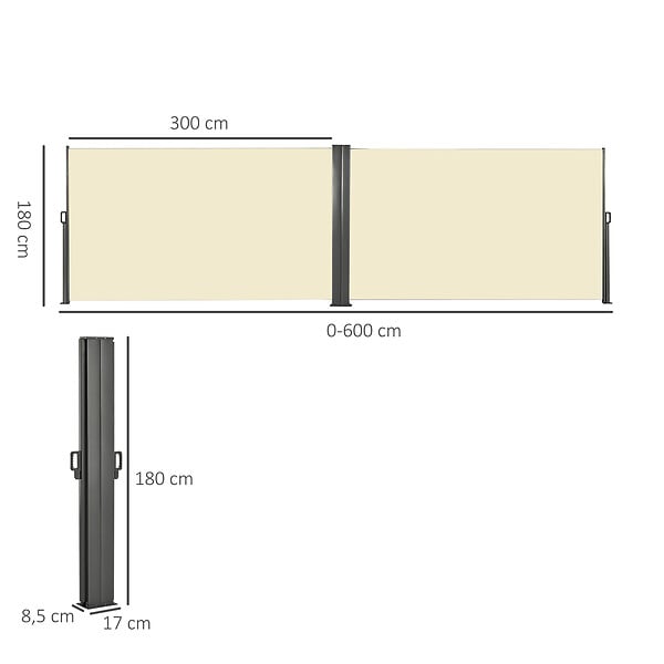 OUTSUNNY - Double store latéral brise-vue paravent rétractable dim. 6L x 1,60H m polyester anti-UV haute densité crème - large