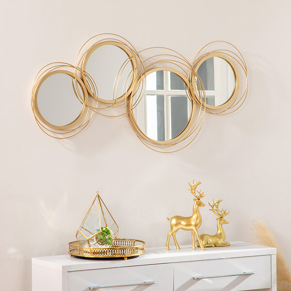HOMCOM - Lot de 4 miroirs ronds muraux à˜ 30, 24, 21 cm crochet visserie incluse métal doré - large