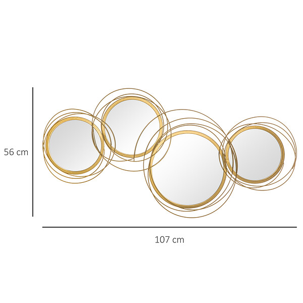HOMCOM - Lot de 4 miroirs ronds muraux à˜ 30, 24, 21 cm crochet visserie incluse métal doré - large