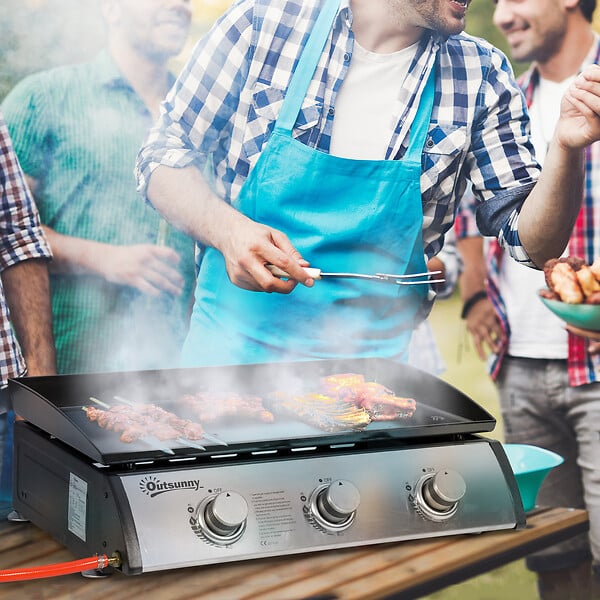 OUTSUNNY - Plancha gaz de table portable réglable - 3 brûleurs 9 kW - barbecue gaz camping - plaque de cuisson, réceptacle graisse - acier noir métal - large