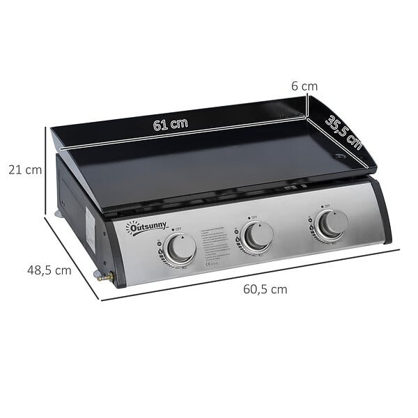 OUTSUNNY - Plancha gaz de table portable réglable - 3 brûleurs 9 kW - barbecue gaz camping - plaque de cuisson, réceptacle graisse - acier noir métal - large