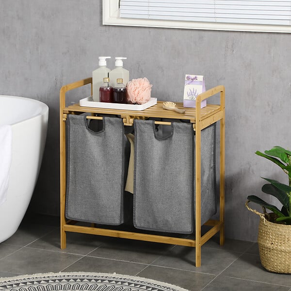 HOMCOM - Panier à linge corbeille à linge en bambou 2 paniers amovibles non-tissé gris foncé - large